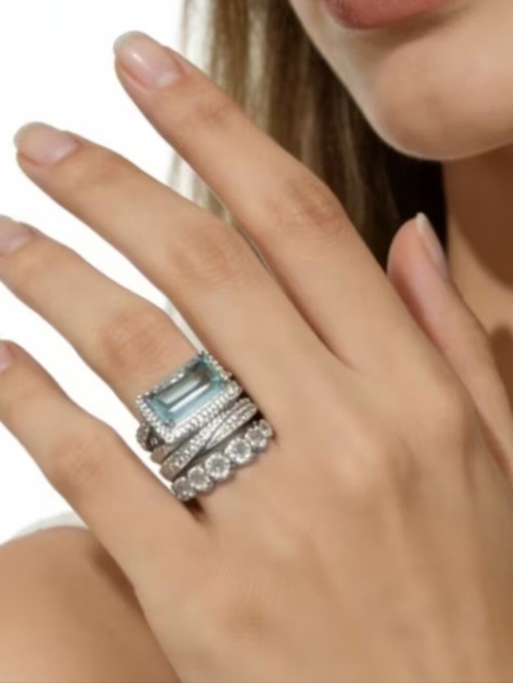 🩵🩶NEW🩵🩶 STUNNING!! Vintage 3PC Set Aquamarine CZ'S Rings In SILVER Plating - Picture 5 of 16